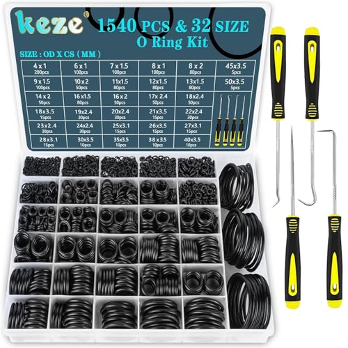 KEZE Kit assortiment de 1540 joints toriques en caoutchouc de 32 tailles avec pic et crochet pour robinets, plomberie,diamètre extérieur des joints toriques : 4 mm à...
