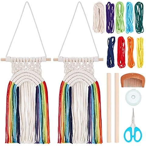WEBEEDY 2 Sets Macrame Craft Kits Mini Rainbow Macrame Wall Hanging Boho Rainbow Tassel Wall Art Chic Wall Hanging Dorm Decorations Newborn Birthday Gift Cover
