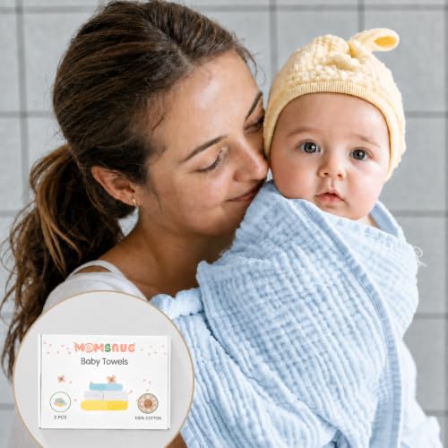 Image of Momsnug 3-Pack Muslin Hooded Baby Towels, Green + Grey + Blue, 35 inch X 35 inch | 100% Cotton, Ultra-Soft & Highly Absorbent ,Quick-Dry for Delicate Skin, For Babies, Toddler and Newborn