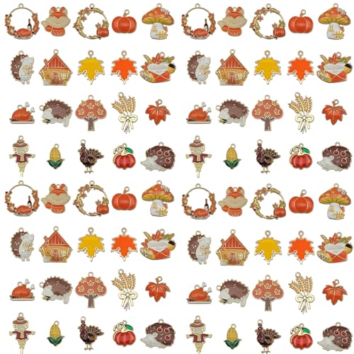 Youdiyla 40pcs Fall Thanksgiving Charms for Jewelry Making Bulk Enamel Pumpkin Maple Leaf Turkey Autumn Charms for Bracelets Necklaces Earrings Craft Making SN1002