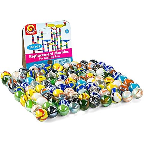 Replacement Marbles for Marble Run - Set of 100 - Assorted Colors - Size 9/16 Inch (14mm) - 100% Glass Cover
