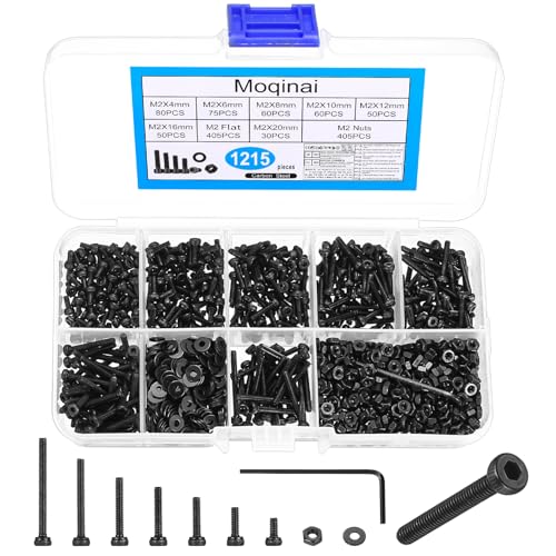 Moqinai 1215 Stück M2 Schrauben Set Innensechskantschrauben Muttern Set Maschinenschrauben und Muttern Sets Kleine Gewindeschrauben Sets Schwarz Metrisch Zylinderkopfschrauben