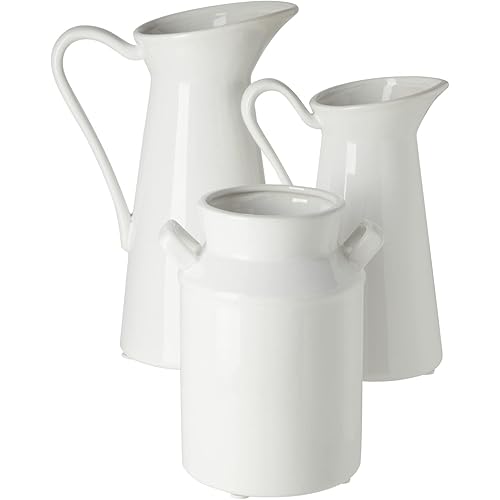 Set of 3 Ceramic Vase Pitchers for Home Decor, Small White Centerpieces for Living Room (3 Sizes)