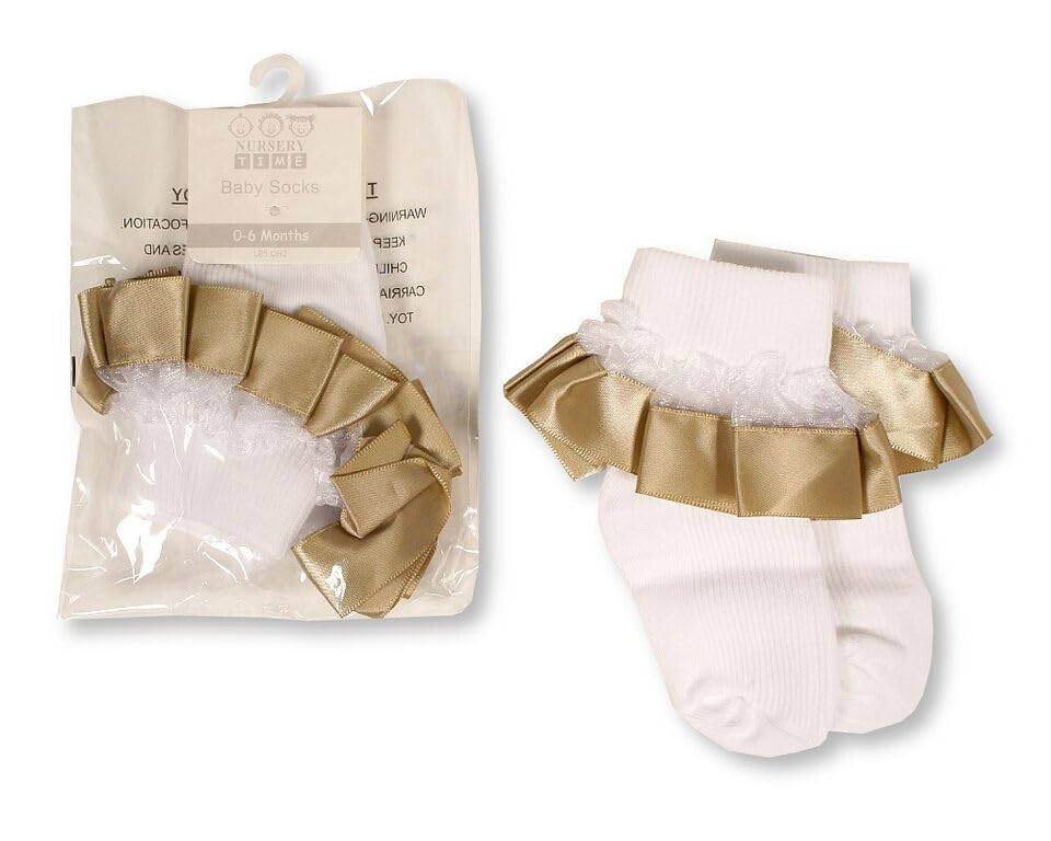 Gum & Berries Baby Infant Socks Ankle Height With Frills 6-12 Months Babies Infant Gold, White/Gold, us 6-12m