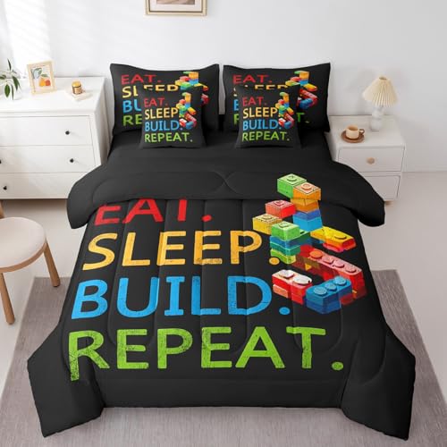 Image of Feelyou Colorful Toy 7 Piece Bedding Set Teen Women Men Funny Building Blocks Decoration Comforter Set with Sheets King Size Kids Boys Cute Games Bed in a Bag Colorful Geometric Brick Room Decor