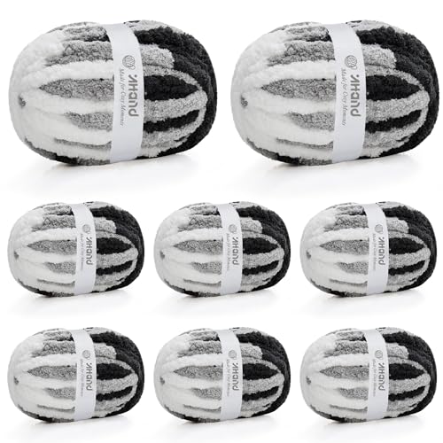 Image of Inhand Chunky Chenille Yarn for Hand Knitting, Thick Bulky Blanket Yarn for Crocheting,Soft Fluffy Yarn for Crochet Gifts & Crafts for Women /Beginners, 8 Pack (29.5 yds /8.4 oz Each), Black & LightGray