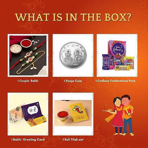 Image of CraftVatika Rakhi For Brother and Bhabhi Gift Hamper | Pooja Coin | Premium Rakhi Combo Set 2 With Chocoloaces | Kundan Rakhi For Bhai Bhabhi Bhaiya With Chocolate