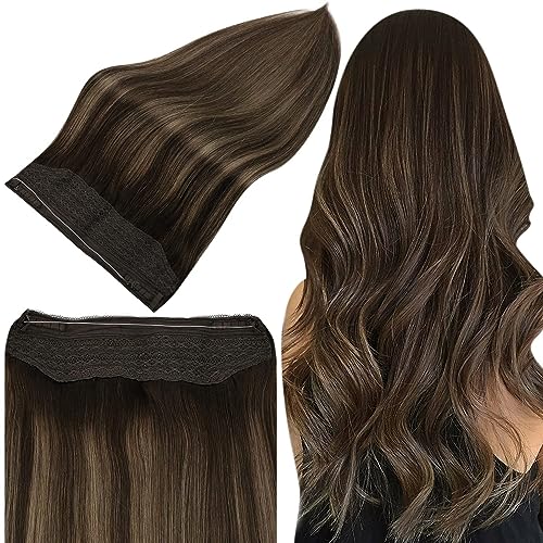 Full Shine Wire Hair Extensions Human Hair Darkest Brown To Ash Brown Mix Dark Brown One Piece Clip In Extensions Real Hair Fish Line Hair Extensions Clip Ins Wire Extensions Remy Hair 80G 20 Inch