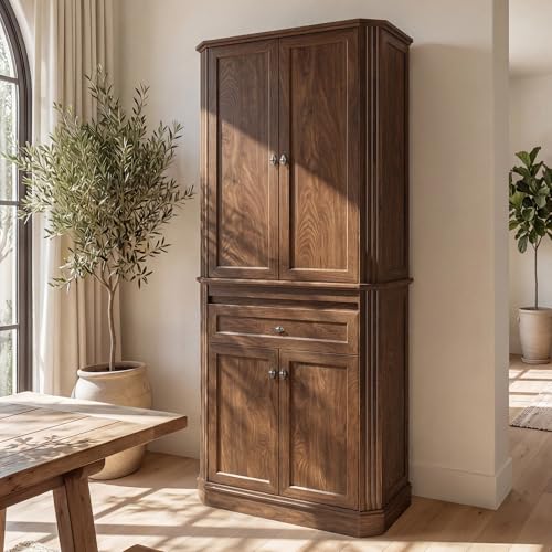 Image of 72.2 inch Tall Kitchen Pantry Cabinet with Doors, Farmhouse Storage Cabinet with Charging Station & LED Light, Drawer, Adjustable Shelves and Pull-Out Shelves, Walnut Wood Pantry Cupboard for Dining Room