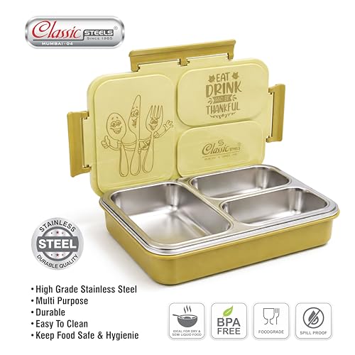 Image of Classic Steels Insulated 3-Compartment Stainless Steel Lunch Box for Kids & Adults | Leak-Proof Bento Box with Silicone Seal | BPA-Free & Food Grade, Yellow