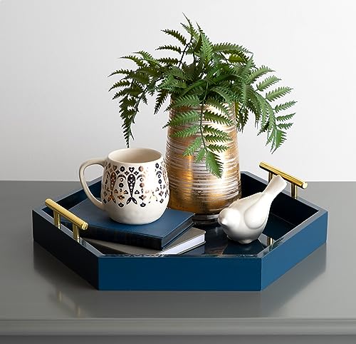 Image of Kate and Laurel Lipton Hexagon Decorative Tray with Polished Metal Handles, Navy Blue and Gold