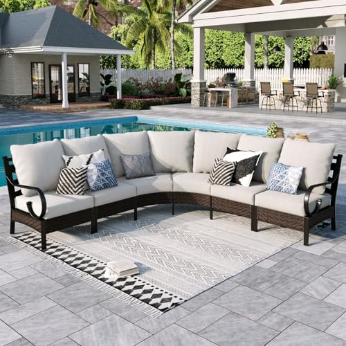 Sophia William Outdoor Patio Furniture Set 6 Piece Half Moon Curved Sectional Sofa Outdoor Rattan Patio Conversation Set Beige