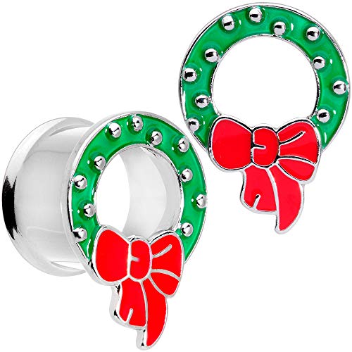 Body Candy 2Pc 316L Steel Double Flare Tunnel Plug Christmas Wreath Ear Plug Gauges Set Of 2 5/8" #TOP8