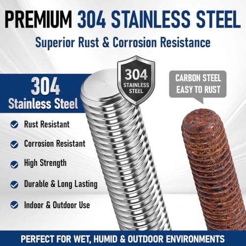 Image of 10 Pcs 304 Stainless Steel 1 /4 inch -20 Fully Threaded Rod, 12 inch Length Long Threaded Rods for Furniture Anchor Bolts, Clamps, Hangers and U-Bolts