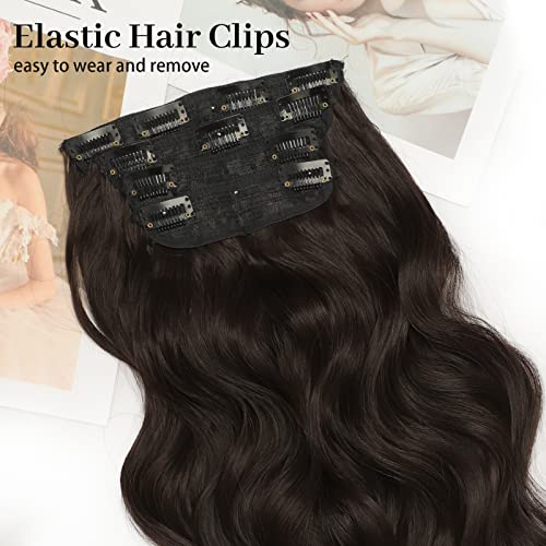 Image of KooKaStyle Wavy Thick Clip in Hair Extensions 20 inch Medium Brown | 4 Pieces Clip in Extensions,Fiber Double Weft Hairpieces,Natural Volume,Beach Wave Long Synthetic Hairpiece for Women