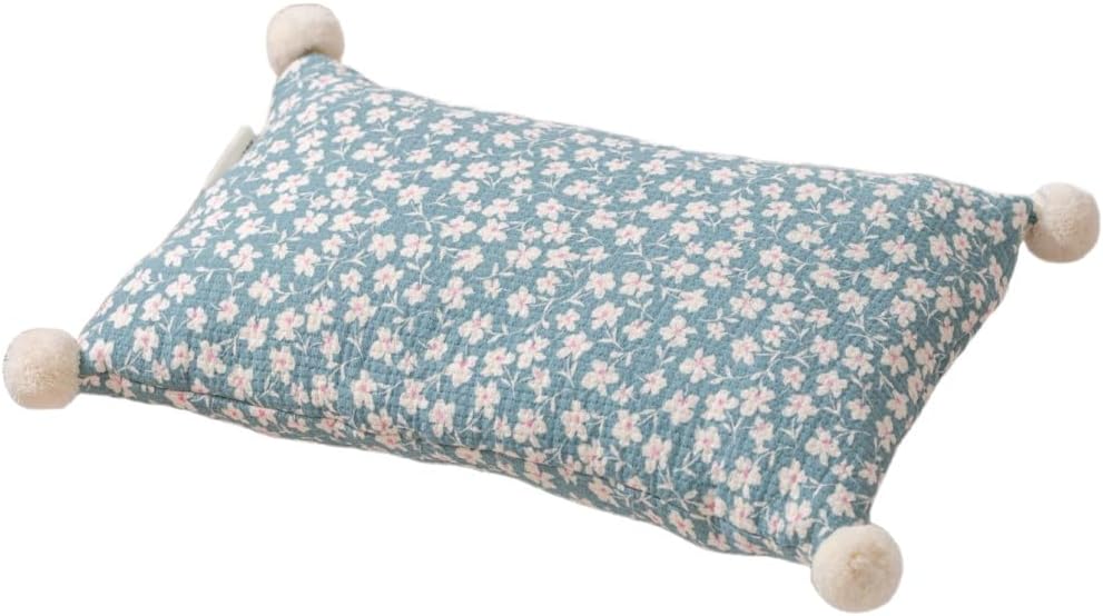 Fleuronne Pillow with Pom Pom, Handmade 100% Cotton Decorative Throw Pillow, Soft Lightweight Cozy Cushion for Sofa, Bed & Couch, All-in-One Integrated Design, 20 x 12 inches (Blue)