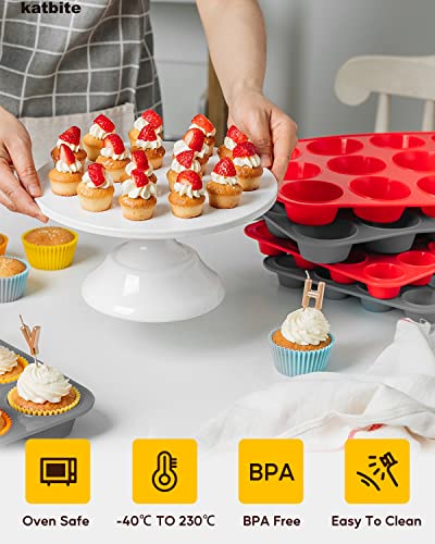 Katbite Silicone Muffin Pan Grey, 12 Cups Cupcake Pan With 6 Baking Cups, Non-Stick And Dishwasher Safe, Square Silicone Baking Pan, Great For Making Muffin Cakes, Tart, Bread #TOP5