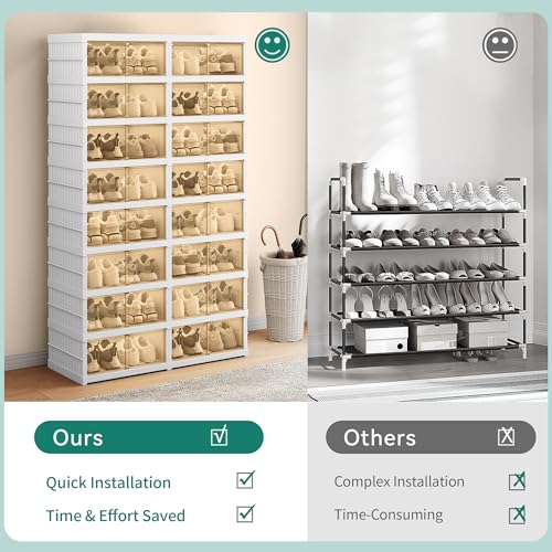 GOOBED 8-Tier Shoe Rack for 32 Pairs, Foldable Shoe Storage Boxes with Magnetic Doors, Easy Assembly Sneaker Organizer for Closet, Entryway, Living Room, Collapsible Shoe Cabinet (White)