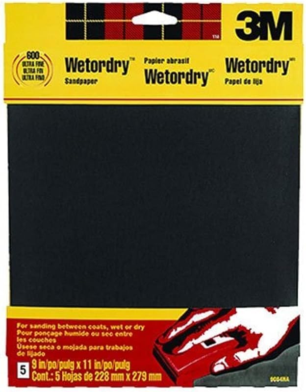 Papel de lija 3M Wetordry, 5 hojas, 9 x 11 pulgadas, grano 320, extra fino, uso para lijado húmedo y seco, para lijado entre capas de barniz, laca, pintura y otros acabados, papel impermeable (9086DC-NA) | Uso para lijado húmedo y seco, para lijado entre capas de barniz, laca, pintura y otros acabados, papel impermeable