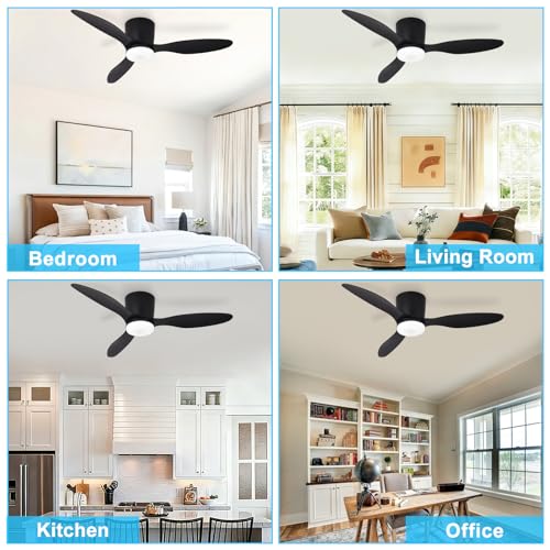 Image of Depuley Flush Mount Ceiling Fan: 42-Inch Black Ceiling Fans with Lights for Bedroom Indoor Outdoor - Low Profile Ceiling Fans with Remote Control 24W 3CCT Dimmable 3 Reversible Black Blades 6 Speeds