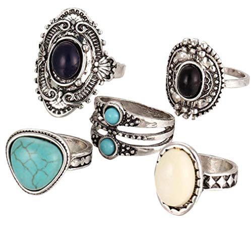 5 Pcs Women Rings Bohemian Vintage Silver Stack Rings Above Knuckle Blue Rings