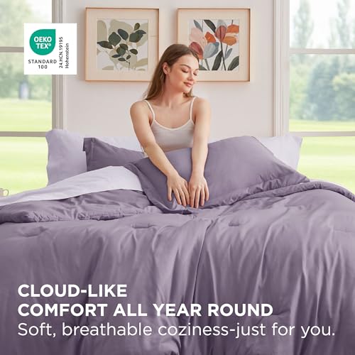 Image of Bedsure King Size Comforter Set - 7 Pieces Grayish Purple King Bedding Set for All Seasons, Boho Contrasting Design Bed in a Bag with Comforter, Sheets, Pillowcases & Shams