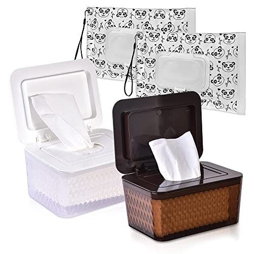 Image of Umtiti Wipes Dispenser & Wipes Pouch/Tissue Bag, Wipes/Tissue Case with Moisture Seal Secure Lid, Non-Slip Rubber Feet & Sealing Design Keeps Wipes Fresh, Dustproof Wipes Container(WH,BN+2Panda)