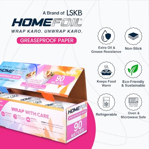 Image of HOMEFOIL Greaseproof Food Wrapping Paper Roll 90 Meter | Butter Paper | Oil Resistant | Food Grade | Microwave & Oven Safe | Ideal for Chapati, Roti Wrapping, Sandwich & Lunch Box