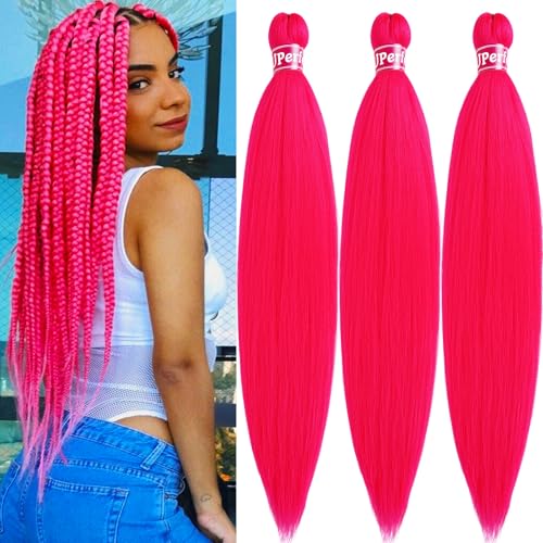 Hot Pink Braiding Hair Pre Stretched Colored Kids Pink Hair Extensions for Braids Hypoallergenic Organic Non Toxic Pre Sectioned Braiding Hair Pink Synthetic Hair Weave Bundles 26 Inch 3 Packs