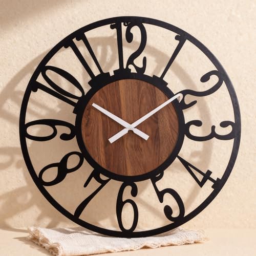 AMAATE Industrial Wood Wall Clock with Iron Frame and Artful Numerals, Modern Vintage Design for...