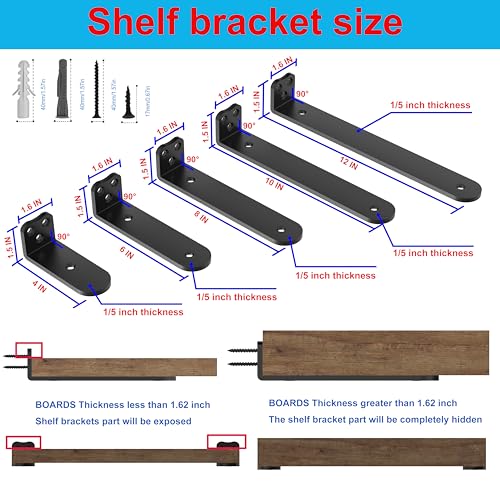 Neevolve Floating Shelf Bracket, 12 Inch 6PACK Heavy Duty Black Shelf Bracket,Hidden Shelf Brackets 1/5 in Thick,L Brackets Support for Shelves,Suitable for Kitchen, Study Or DIY,Holds Over 160lb+ by Neevolve - Image 3