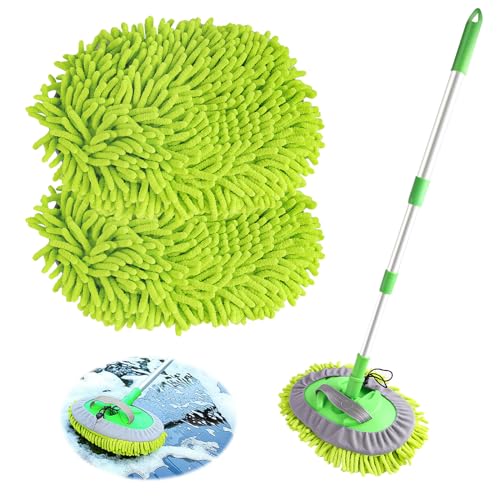 118 cm Cepillo Lavar Coche con Mango Largo, 2 en 1 Chenille Microfibra Car Wash Brush para Camiones, SUV, RV, Remolque, No Libre de Arañazos (2 x Cabezales de Fregona)
