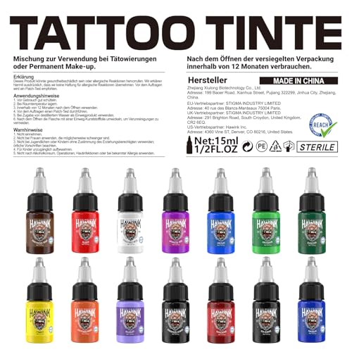 HAWINK Tattoo Farbe Set 0.5oz (15ml) 14 Flaschen Tinten Tattoo Zubehör Ink TI203DE-15-14