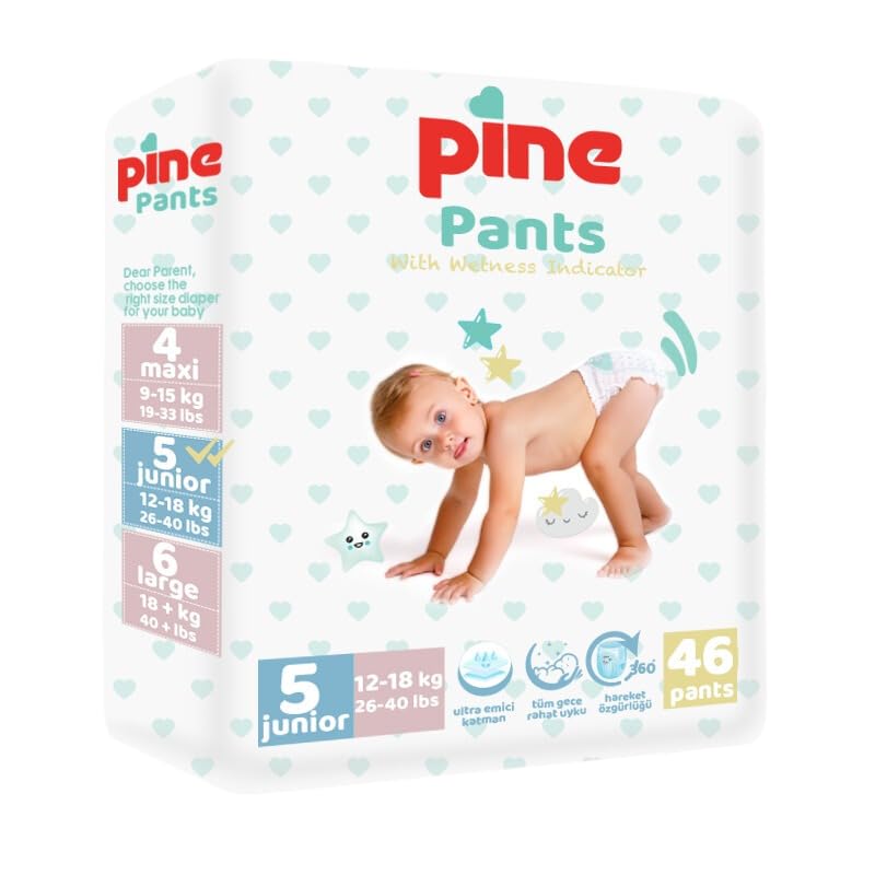Pine Pañal para bebé con indicador de humedad, pañales desechables para bebés, agradables a la piel y superabsorbentes (talla 5, piezas, 46)
