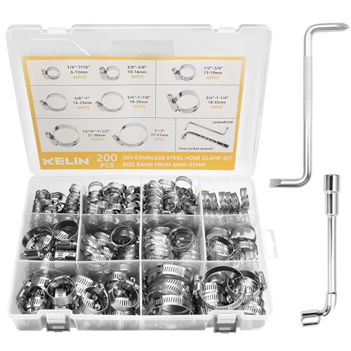 KELIN 202PCS 304 Stainless Steel Hose Clamp Kit 8 Sizes from 1/4 to 2 (6-51mm) Adjustable Worm Gear Clamps with Socket Wrench & Screwdriver Automotive Fuel Line Water Pipe Clamps Assortment Set