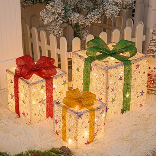 Lypumso Conjunto de 3 caixas de presente de Natal iluminadas, 50 LED caixas decorativas de Natal luzes de 8 modos com controlo remoto, caixas de presente estrelas LED para decoração natalícia, árvore