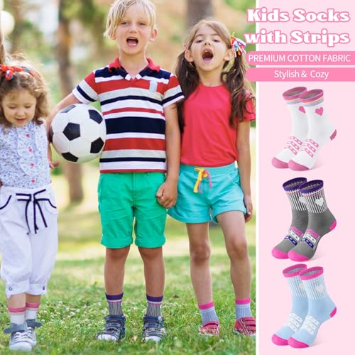 16 Pairs Kids Crew Athletic Socks Cotton Mid Calf Socks with Retro Stripes Hearts for Girls Boys Sports Football3