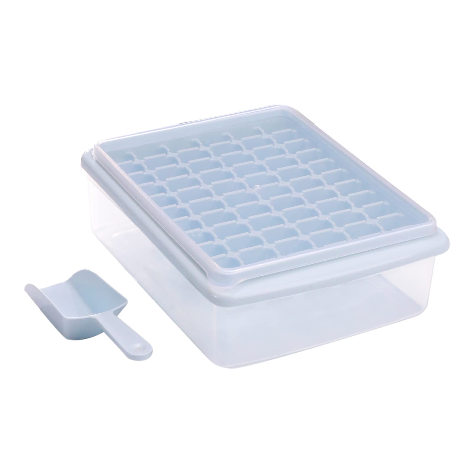 Jonartive Ice Cube Tray for Freezer - 66 Square Ice Cube Mold with Lid and Bin - Mini Nugget Ice Holder for Party - Ice Molds with easy release - 1 Blue Ice Trays 1 Ice Bucket and Scoop