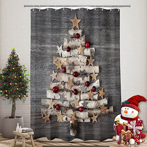 BROSHAN Unique Christmas Shower Curtain, Rustic Fabric Christmas Shower Curtains for Bathroom, Winter Holiday Bathroom Decor Xmas Tree Shower Curtain Set with Hooks, Gray,72 x 72