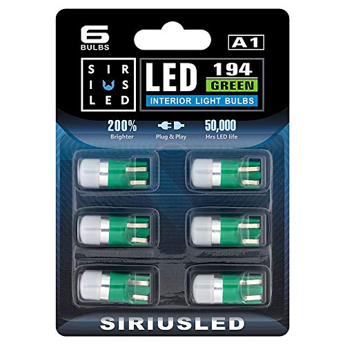 SIRIUSLED A1 Super Bright 1W 360 Degree Projector LED Bulbs for Interior Car Lights Gauge Instrument Panel License Plate Dome Map Side Marker Courtesy T10 168 194 2825 W5W Green Pack of 6