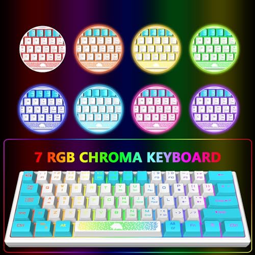 K61 UK Layout 60% Gaming Keyboard Wired 61 Keys RGB LED Backlit 7 Lighting Effects Waterproof Keyboard Mechanical Feeling 19 Keys Anti Ghosting for Laptop MAC- White and Blue Mixed-Colored Keycaps - Image 2