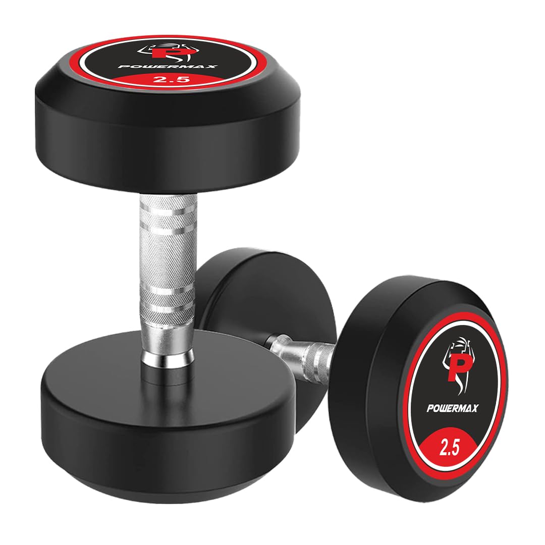 PowerMax Fitness 2.5kg Rubber Coated Round Dumbbells Pair (Set of 2) for Home Gym & Commercial Use | Durable, Floor-Friendly Free Weights | Ideal for Strength Training, Muscle Building, Cardio Workout