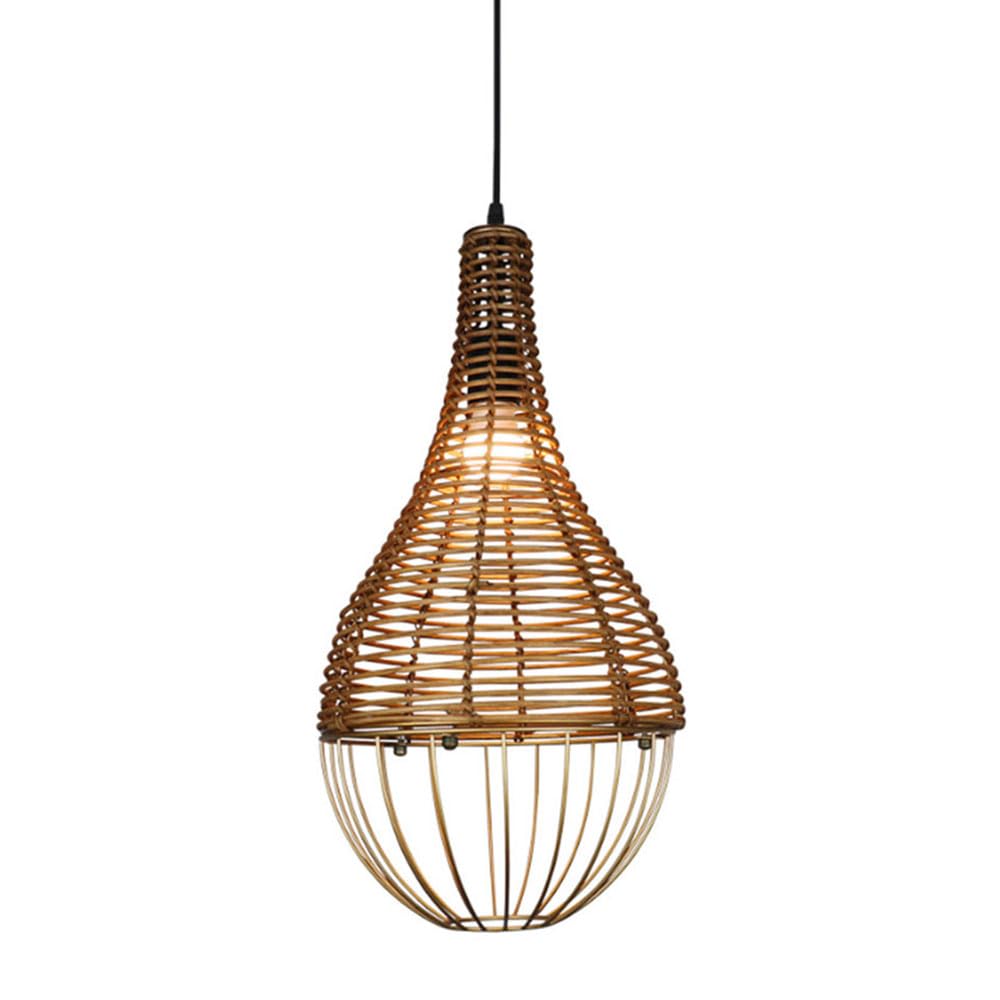 AYQJMD Creativity Craft Room Pendant Light Fixture Adjustable Cord Rattan Hanging Lamp (Internal Metal Frame) 1 Light Wicker Hanging Chandelier for Restaurant Cafe Teahouse Bar Dining Room Club