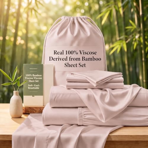 Image of TWK Real 100% Viscose Derived from Bamboo Sheets Set CK Size, Cooling & Silky Soft for Hot Sleeper, Breathable & Moisture Wicking Fabric, 18 inch Deep Pocket with Corner Straps (Sand, California King)