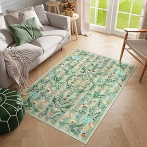 Lahome Insect Botanical 3x5 Washable Rugs for Entryway Soft Rugs for Bedroom,Green Kitchen Rugs Non Slip Washable,Boho Floral Indoor Carpet Throw Rugs for Bathroom Laundry Living Room(Green,