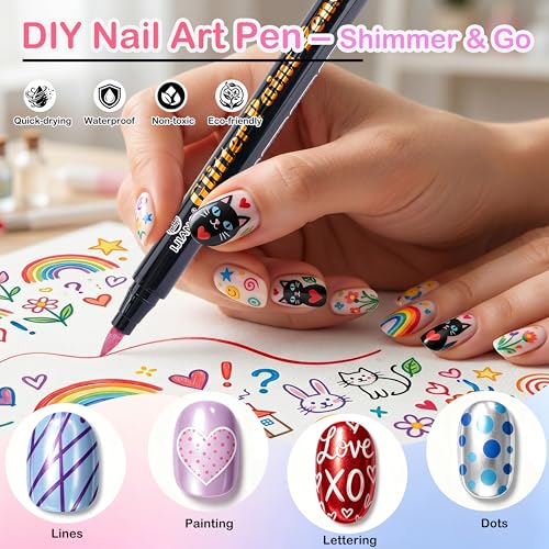 15 Metallic Glitter Colors Nail Art Pens Set, 3D Nail Polish Pen Markers Quick-Dry Bright Long-Lasting, Nail Paint Pens for Nail Art Drawing Painting, Nail Point Dotting Liner, Nail DIY Design Kit — view 5