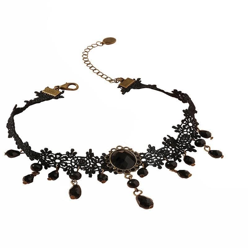Vintage-Gothic-Black-Lace-Tassel-Necklace-Choker-Black-Pendant-Bronze-Chain