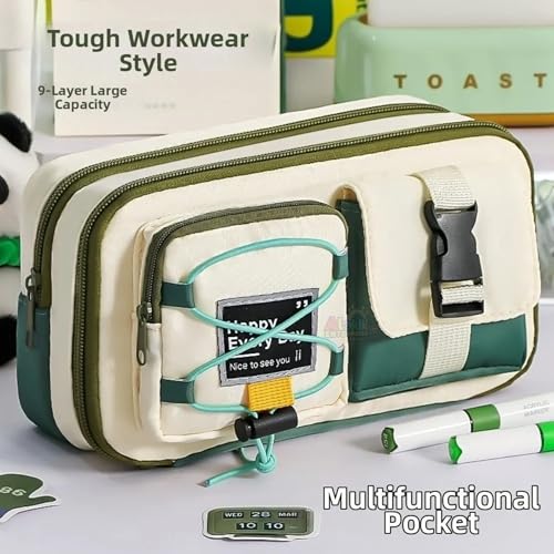 Image of Alokik Multi-Compartment Pencil Pouch Large Capacity Pen Case with Zipper & Buckle Pocket, Durable Canvas Stationery Organizer for School Office Travel, Stylish Storage Case (Green Happy Every Day)