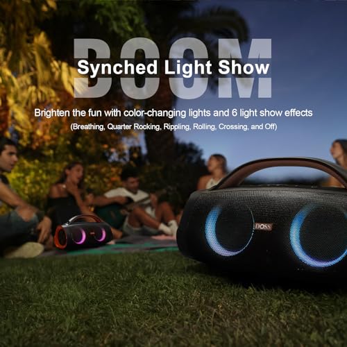 Image of DOSS Extreme Boom+ Loud Bluetooth Speaker with 100W Stereo Sound, Extra Bass, 20H Playtime, Party-Sync Led Lights, Built-in Power Bank, IPX6 Waterproof Outdoor Speaker for Camping, Travel-Copper Gold