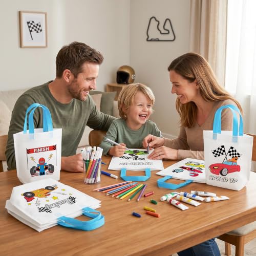 Image of Race Car Coloring Goodies Bags for Kids-24Pcs Racing Themed Bulk Color Your Own Gift Bags with Handle Reusable Non-Woven DIY Coloring Tote Bags for Summer Holiday DIY Activity Birthday Party Supplies